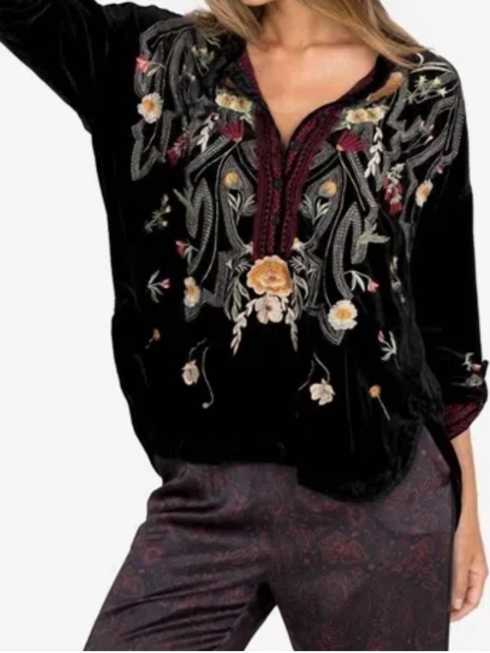 Johnny Was BIYA Jessabella Blouse Black Velvet Floral Embroidery Boho Large